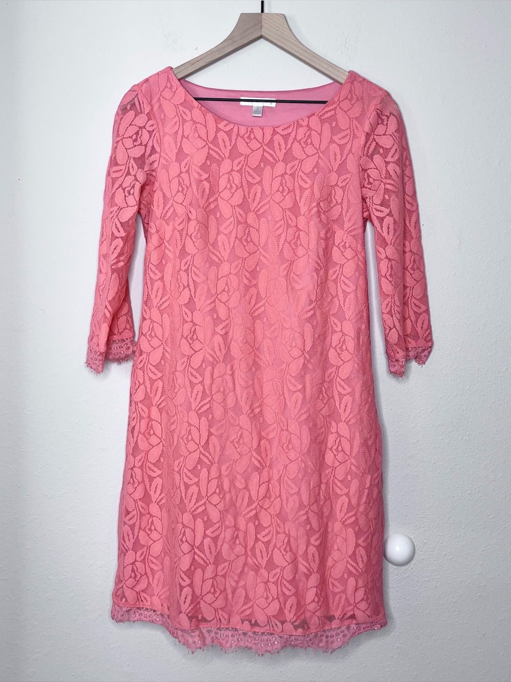 London Times Pink Lace Sheath Dress Size 6 Career Classy 3/4 Sleeve